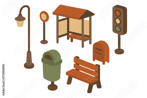 Detailed isometric collection of urban street furniture including bus stop, public bench, and traffic light