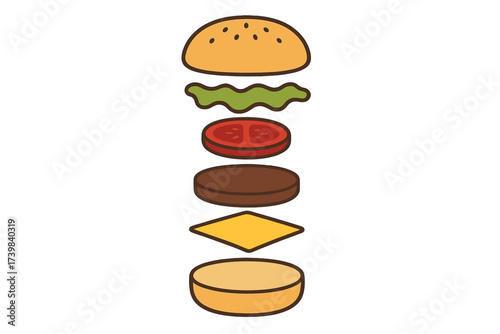 Deconstructed cheeseburger ingredients floating in the air showing layers of meat, cheese, and vegetables