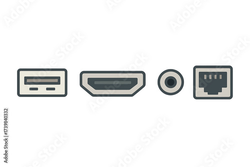 Set of essential computer connection ports including USB, HDMI, audio jack, and Ethernet