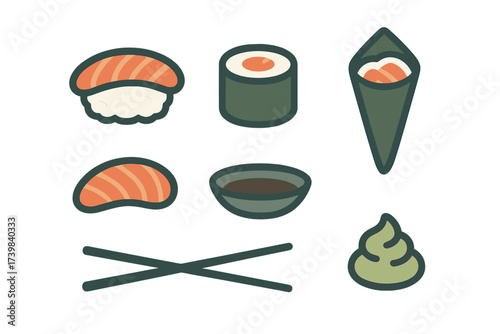 Collection of popular Japanese sushi rolls, nigiri, temaki, soy sauce, wasabi, and chopsticks