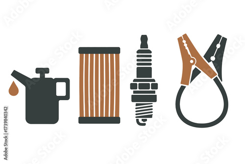 Essential set of automotive maintenance items including oil filter spark plug and jumper cables