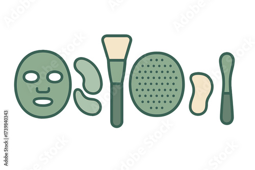 Minimalist icons of facial mask, eye patches, brush, and spa treatment tools