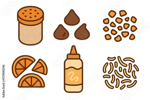 Assortment of sweet and savory food garnishes and condiments like chocolate chips, orange slices, and spices
