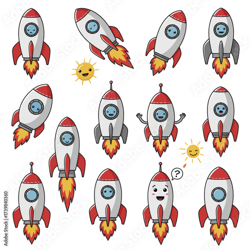 Set of cute cartoon rocket ship characters with various emotions.