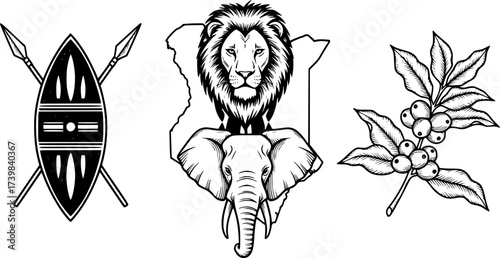 Hand-drawn kenya theme with lion, elephant, map, shield, and coffee beans