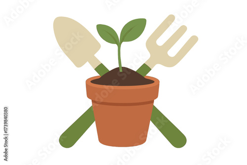 Essential gardening tools crossed behind a terracotta pot holding a young plant sprout