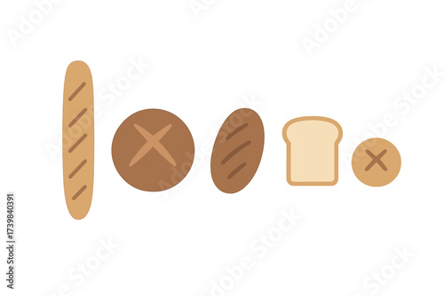 Assortment of fresh baked goods including baguette, rustic round loaf, and sliced toast bread