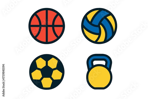 Popular sports and fitness equipment including basketball volleyball soccer ball and kettlebell