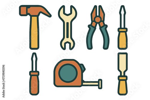Essential set of construction and repair hand tools including a hammer wrench pliers and screwdriver