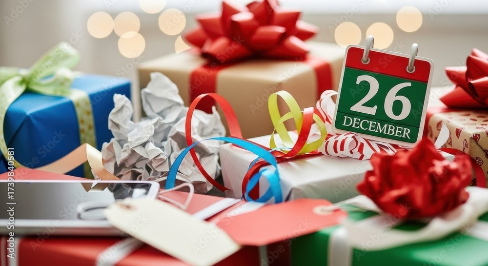 Naklejka premium Piles of colorful holiday gifts with december 26 calendar highlighted