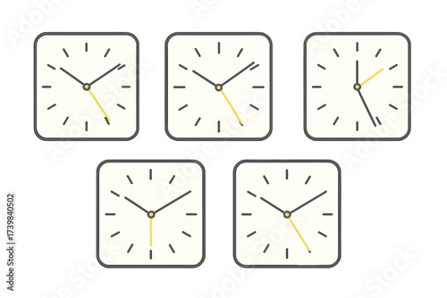 Five square analog clocks displaying various times for concepts like scheduling deadlines or time zones