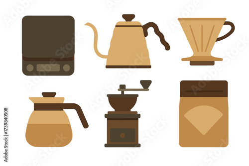 Collection of essential tools for pour over coffee brewing including kettle, grinder, scale, and filter cone