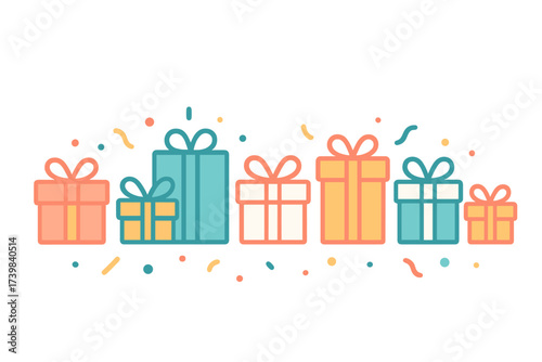 Colorful row of various sized gift boxes wrapped with bows and surrounded by festive confetti