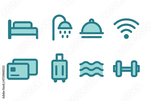 Essential hotel and travel amenity symbols for accommodation, dining, and leisure services