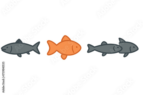 Bright orange fish swimming among a large school of dark gray fish