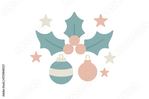 Stylized Christmas holly berries and ornaments with decorative stars in soft pastel colors