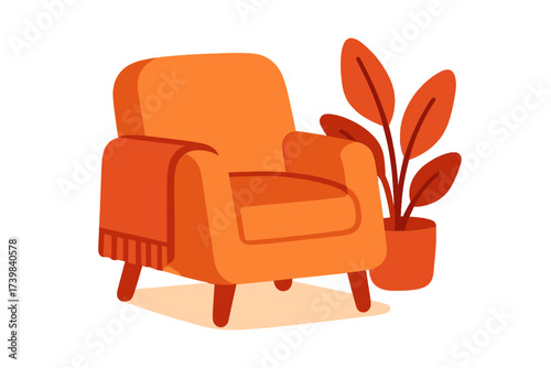 Cozy orange armchair with throw blanket and potted houseplant for interior design