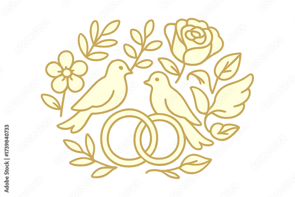Fototapeta premium Elegant gold motif with lovebirds, intertwined wedding rings, and delicate floral elements