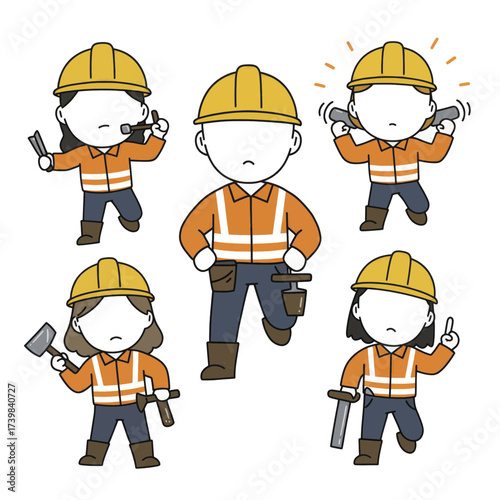Set of cute cartoon construction worker characters in various poses.