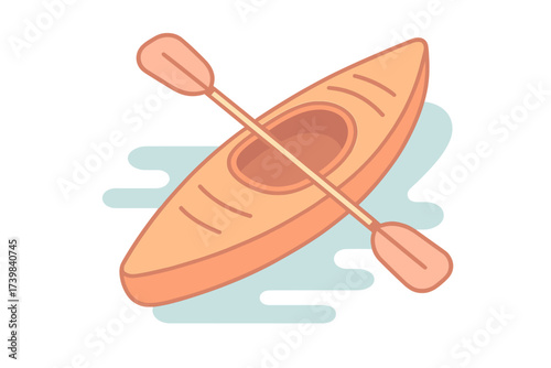 Stylized orange kayak and paddle floating on calm water for summer outdoor adventure