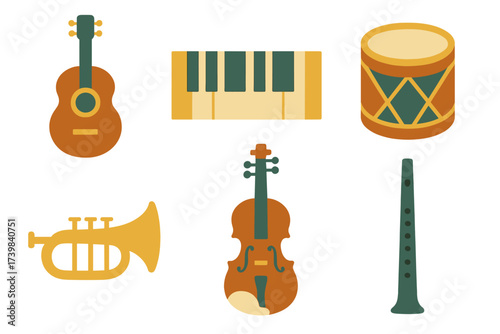 Diverse collection of musical instruments including guitar, piano, violin, trumpet, and drum set