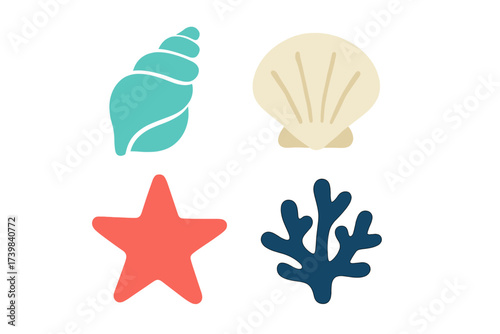 Stylized set of sea elements including conch shell, scallop shell, starfish, and deep blue coral