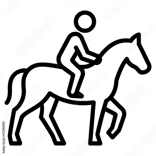 Horseback rider on equestrian horse, black line icon on white, sport leisure