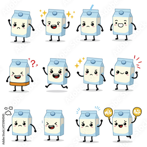 Set of cute milk carton cartoon characters with various emotions.