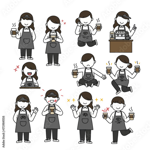 Cute female barista character illustration set in various poses.