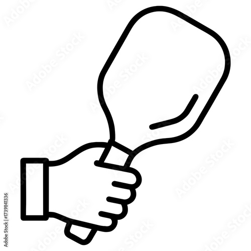 Hand holding pickleball paddle, black line icon on white, grip, control, sport