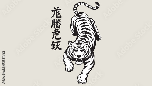 Ferocious tiger art with chinese characters symbolizing power and strength