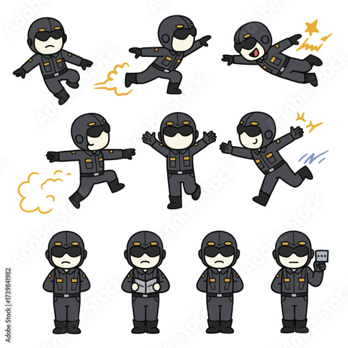 Set of cute cartoon soldier character in various action poses Vector illustration of a pilot or special forces agent.