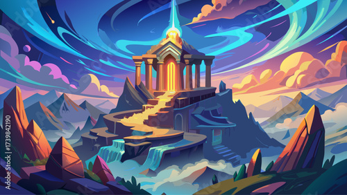 Close-up of Mount Olympus peak, glowing aura, surreal divine light, fantasy details, dreamlike architecture, mythical environment, imaginative illustration, epic artwork, magical close-up, legendary 