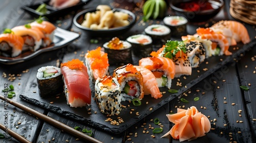 sushi on a black plate