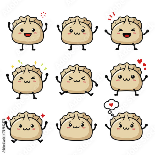 Set of cute kawaii dumpling characters with various expressions.