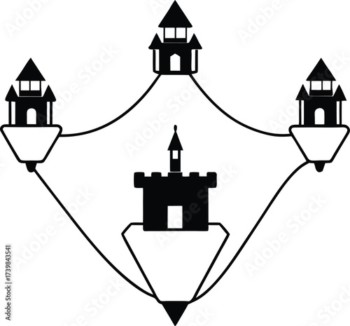 floating island castles connected with rope bridg