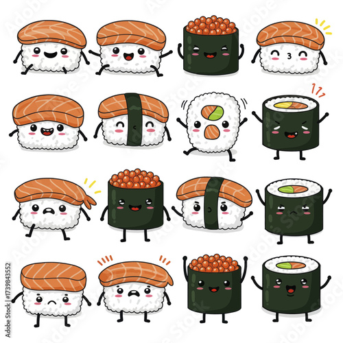 Set of cute kawaii sushi characters with different emotions Japanese food mascots collection with various expressions.