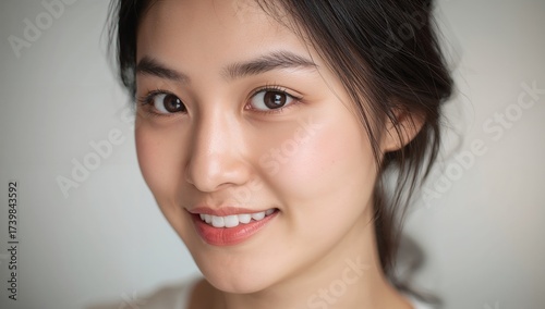 close-up portrait of a young woman with freckles on her cheeks smiling softly with natural makeup and long dark hair styled casually against a neutral background