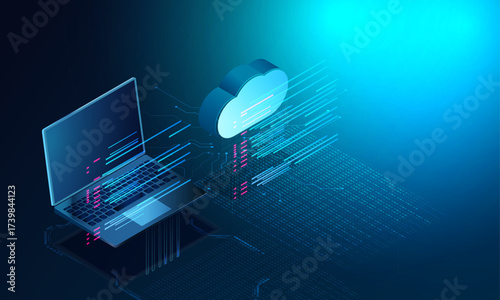 Cloud storage connecting remote with laptop. Programming code isometric vector concept. Work remote with team and synchronization with cloud service via the internet.