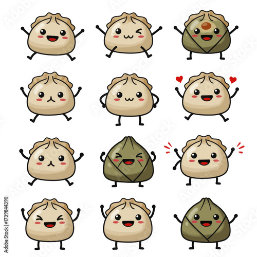 Set of cute kawaii dumpling and zongzi characters with various emotions and poses.