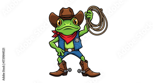 Cartoon frog sheriff character holding lasso, standing with a confident and playful expression