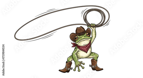 Funny cartoon frog dressed as a cowboy throwing a lasso in the air illustration