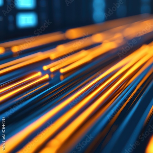 A vibrant, abstract image featuring glowing orange and blue lines, creating a sense of motion and energy in a futuristic setting.