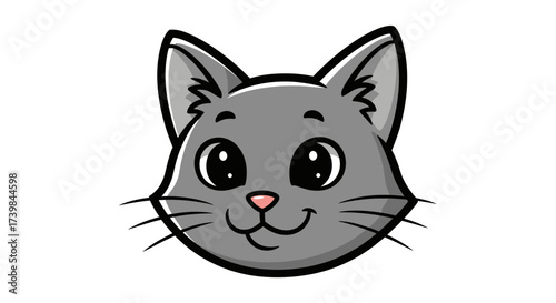 Cartoon illustration of a cute gray cat face with big eyes and a smiling expression
