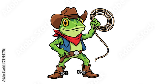 Cartoon frog dressed as a cowboy with lasso ready for adventure or a western show