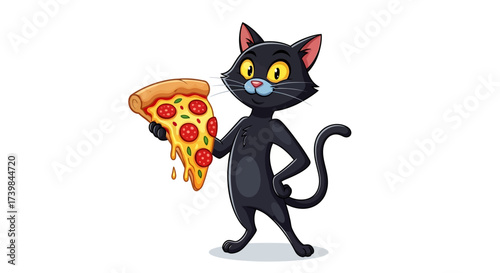 Cartoon black cat character holding a delicious pepperoni pizza slice with dripping cheese