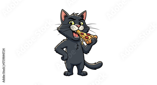 A cartoon gray cat enjoying a delicious slice of pizza on a white background illustration