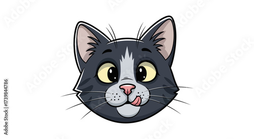 Cartoon Cat Face with Licking Tongue and Expressive Eyes Isolated on White Backdrop
