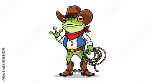 Cartoon frog dressed as a cowboy holding a lasso, isolated on a white background
