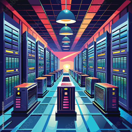 Server room with rows of computer racks and glowing lights